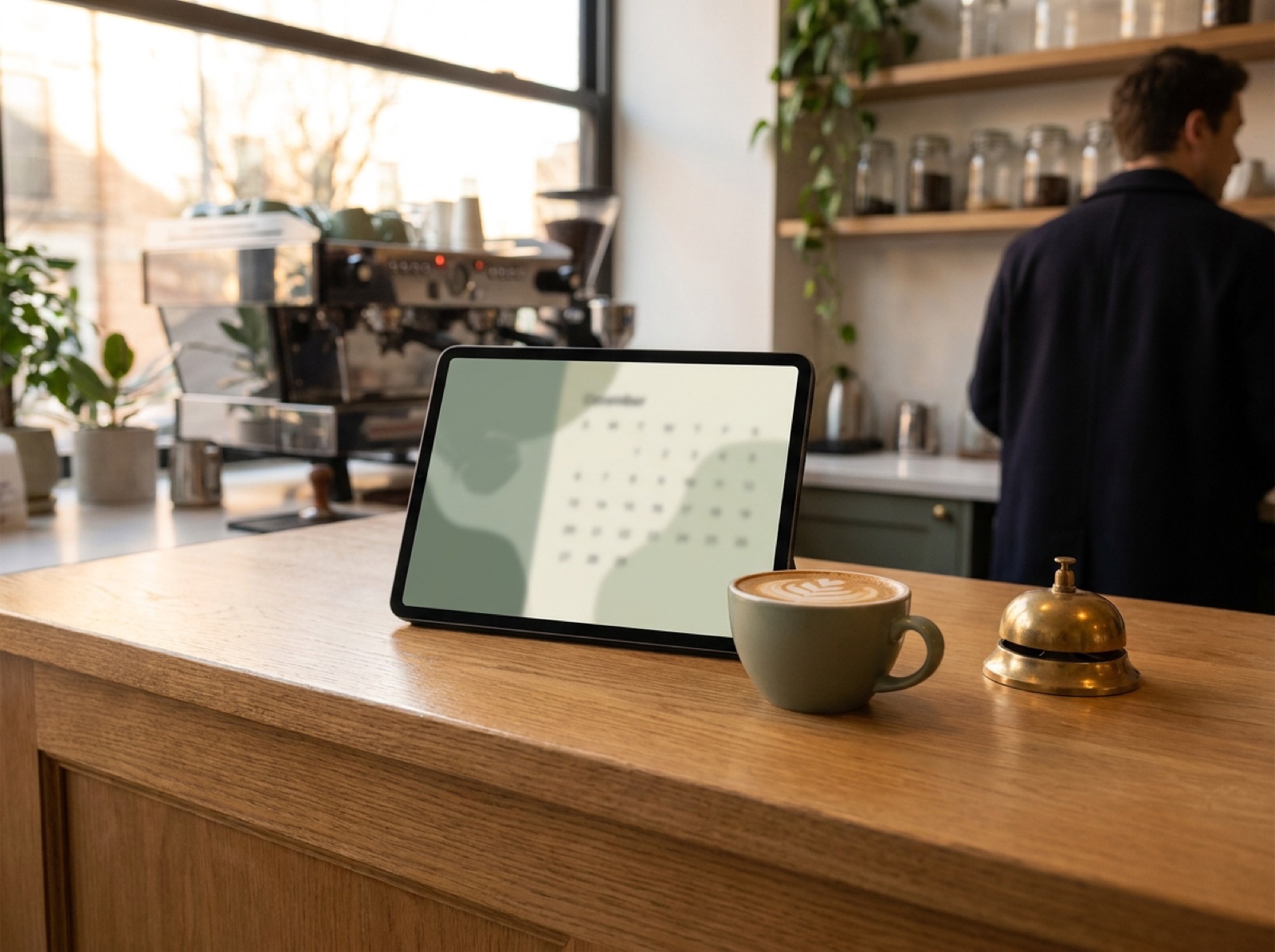 A booking tablet propped on the oak reception counter beside a latte in a sage ceramic cup and a brass service bell, with the espresso machine soft in the background