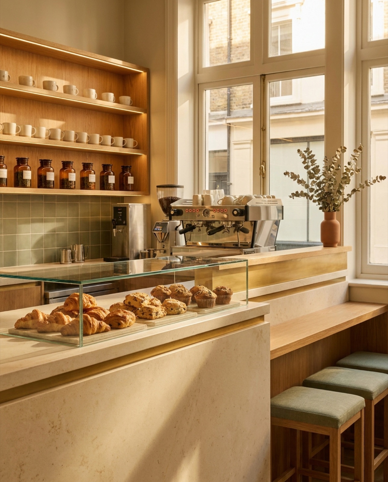 The café counter concept: a cream stone counter with a pastry case, espresso machine, and backlit oak shelving in warm afternoon light
