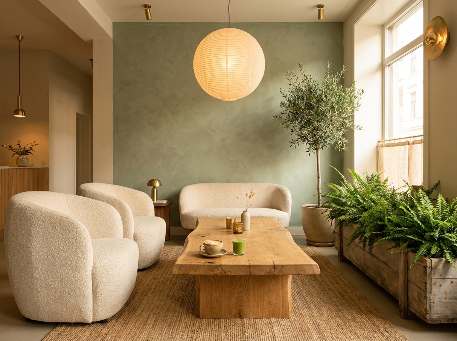 The Fellowship Hub concept: plush cream armchairs around a live-edge oak table holding a cappuccino and a green smoothie, a sage feature wall, an olive tree, and a fern planter screening the room