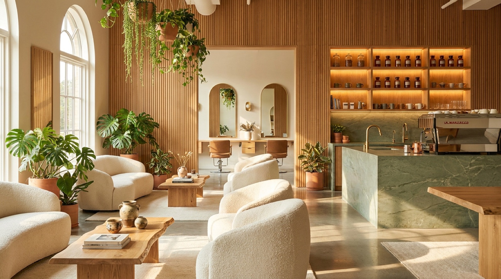 Concept rendering of the integrated floor: cream armchairs and live-edge tables in the foreground, a sage stone espresso bar to the right, and arched styling-station mirrors beyond, under hanging plants