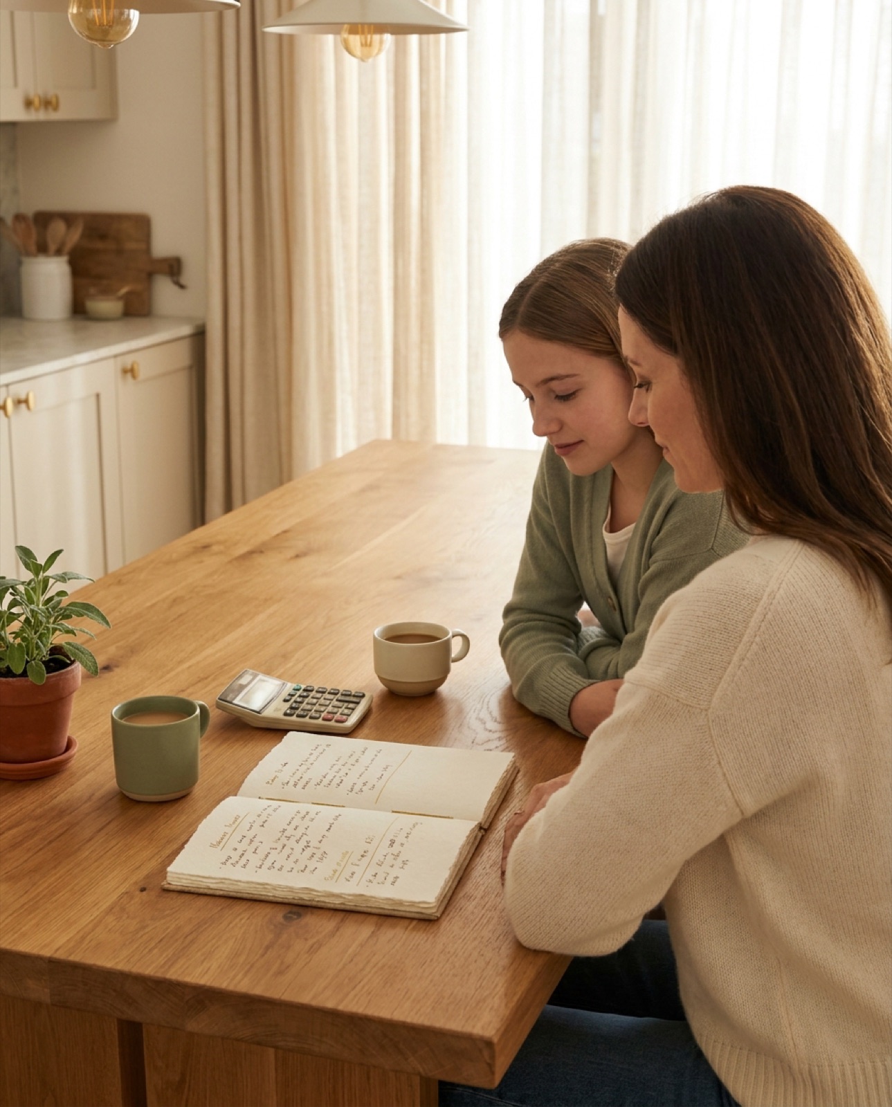 A parent and teenager at a warm oak kitchen table in morning light, reviewing a hand-written savings plan together over two cups of coffee