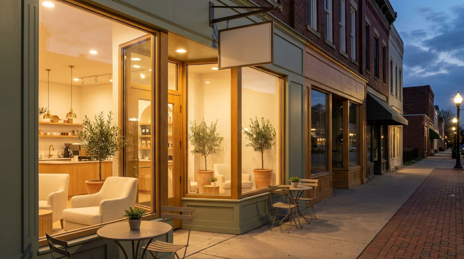 Concept rendering of a future storefront at dusk on an Ohio main street: warm light through large windows revealing cream armchairs, olive trees, and an espresso bar, with café tables on the sidewalk