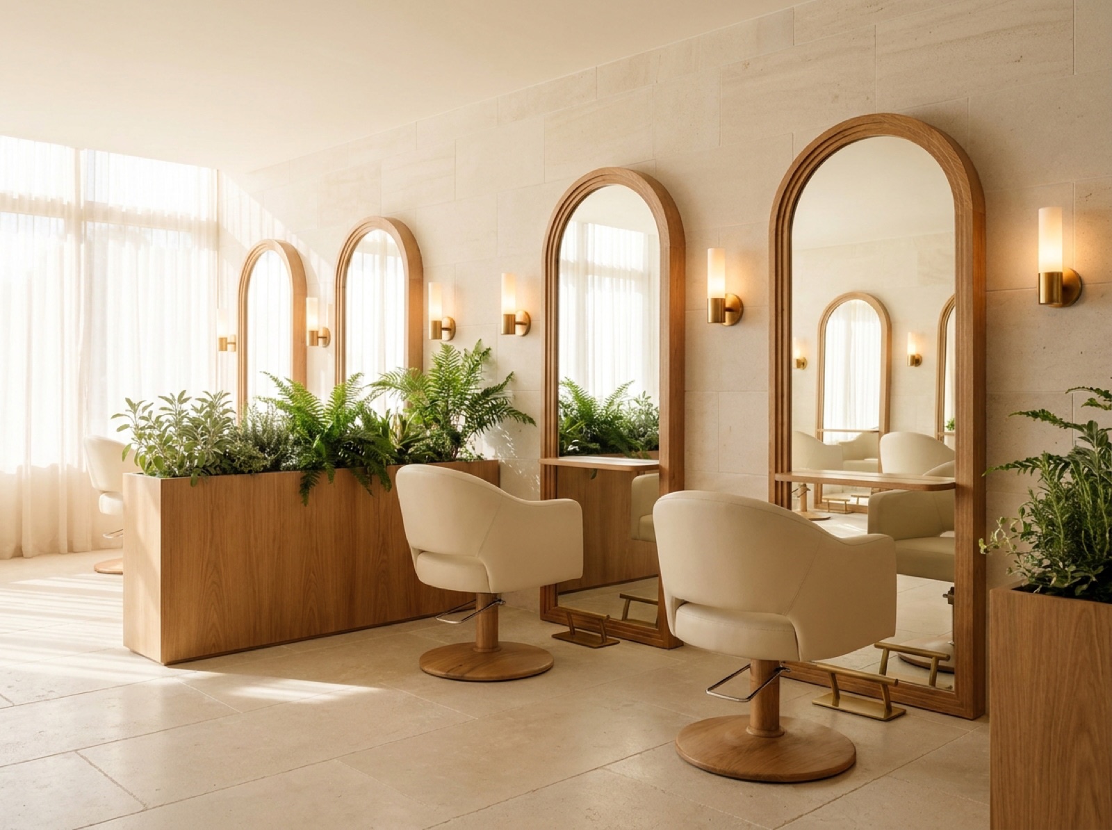 Concept rendering of the styling floor: arched oak-framed mirrors, cream chairs on wood bases, gold sconces, and a long fern planter screening the stations in soft daylight