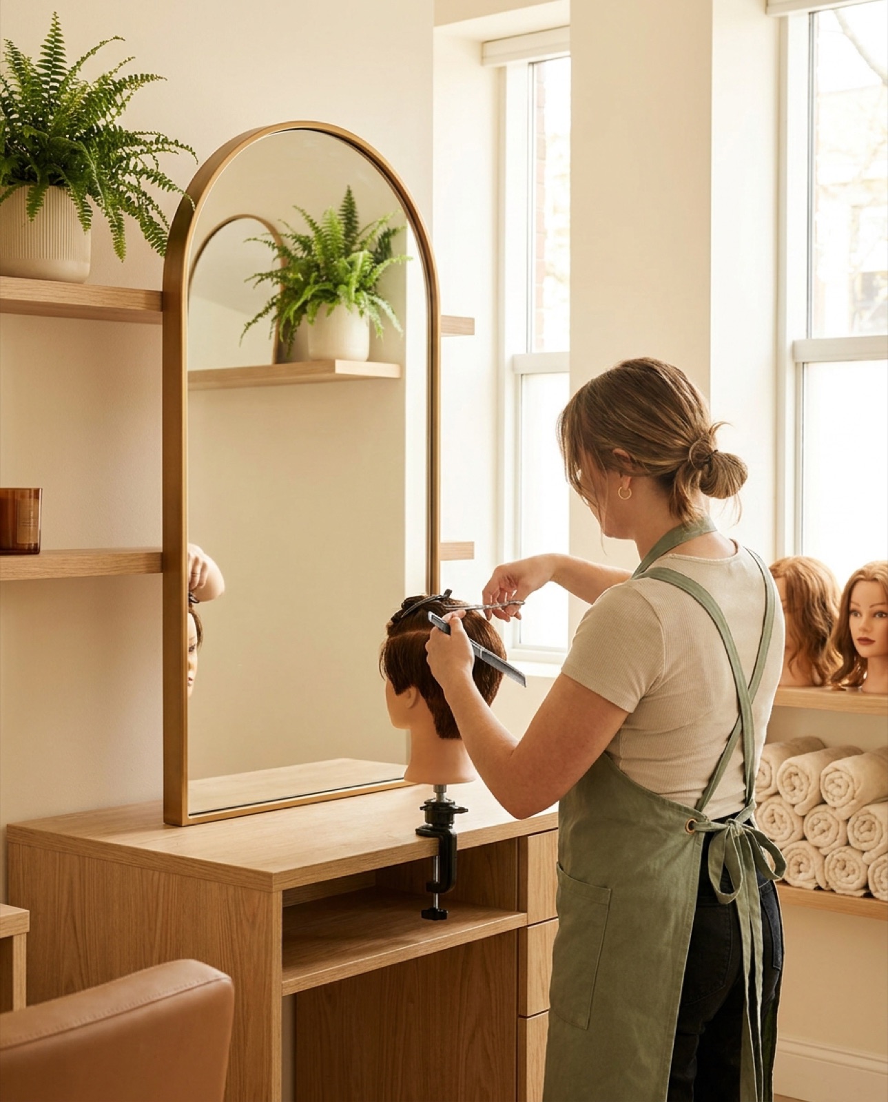 A cosmetology student practicing a precision cut on a mannequin head at an oak styling station with an arched gold-framed mirror, in a bright training studio