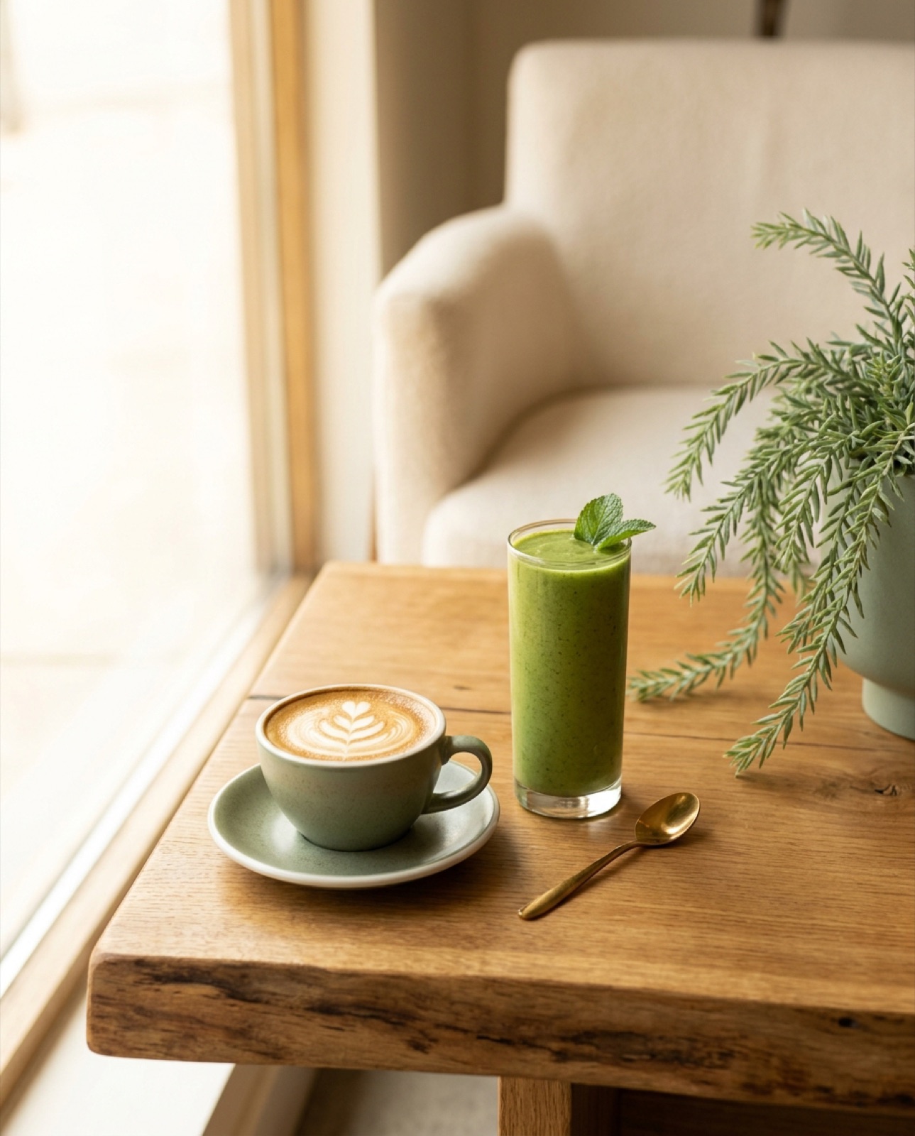 Editorial content shot: a sage ceramic cappuccino with latte art beside a fresh green smoothie on a live-edge oak table, a cream armchair soft in the background